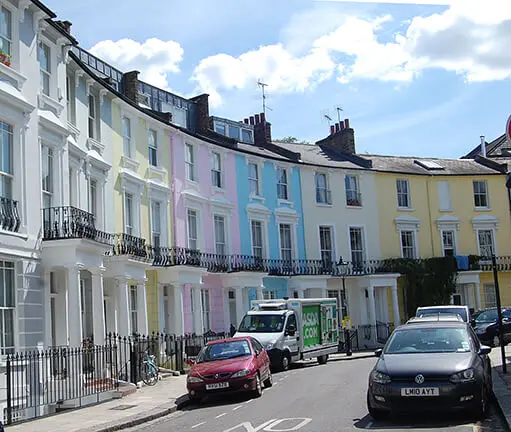 London street with pastel-colored buildings