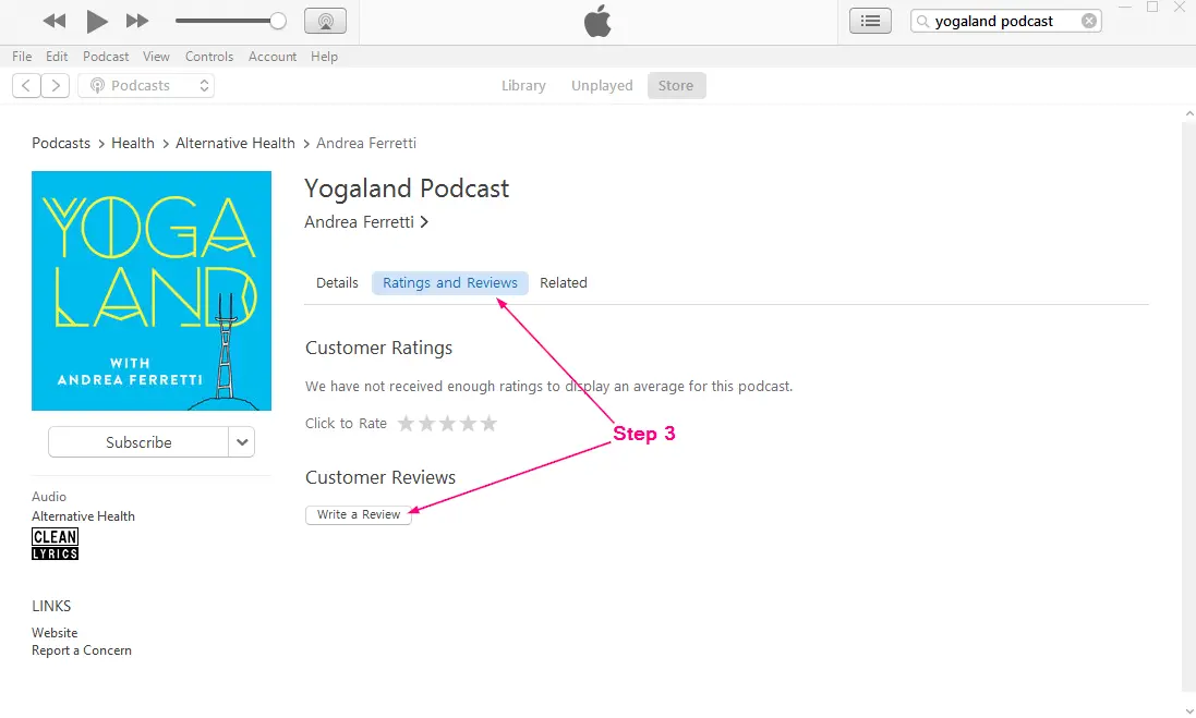 How to Review a Podcast on Apple Podcasts (aka iTunes) - Step 3: Click the “Ratings and Reviews” tab and then “Write a Review”