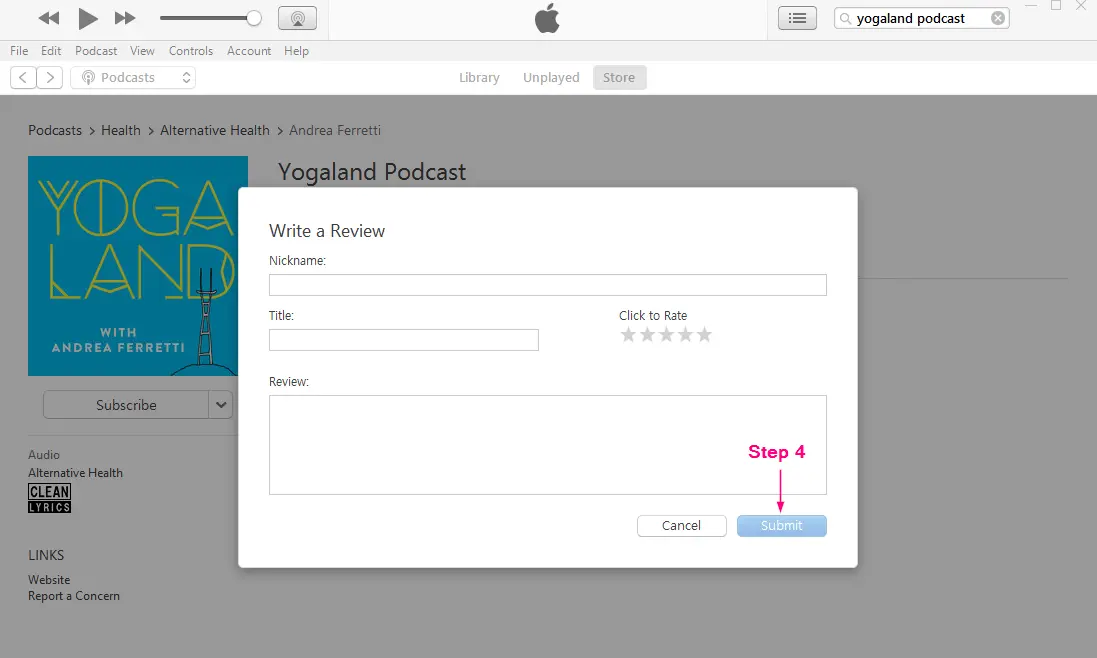 How to Review a Podcast on Apple Podcasts (aka iTunes) - Step 4: If you aren’t already logged in with your Apple ID, you’ll be prompted to do so. Once logged in, simply write your review and press “Submit”