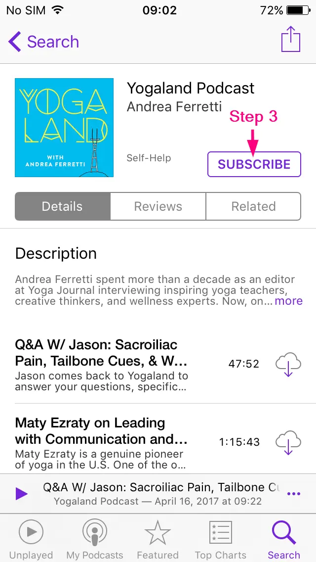 How to subscribe to a podcast - IOS Podcasts, step 3 screenshot