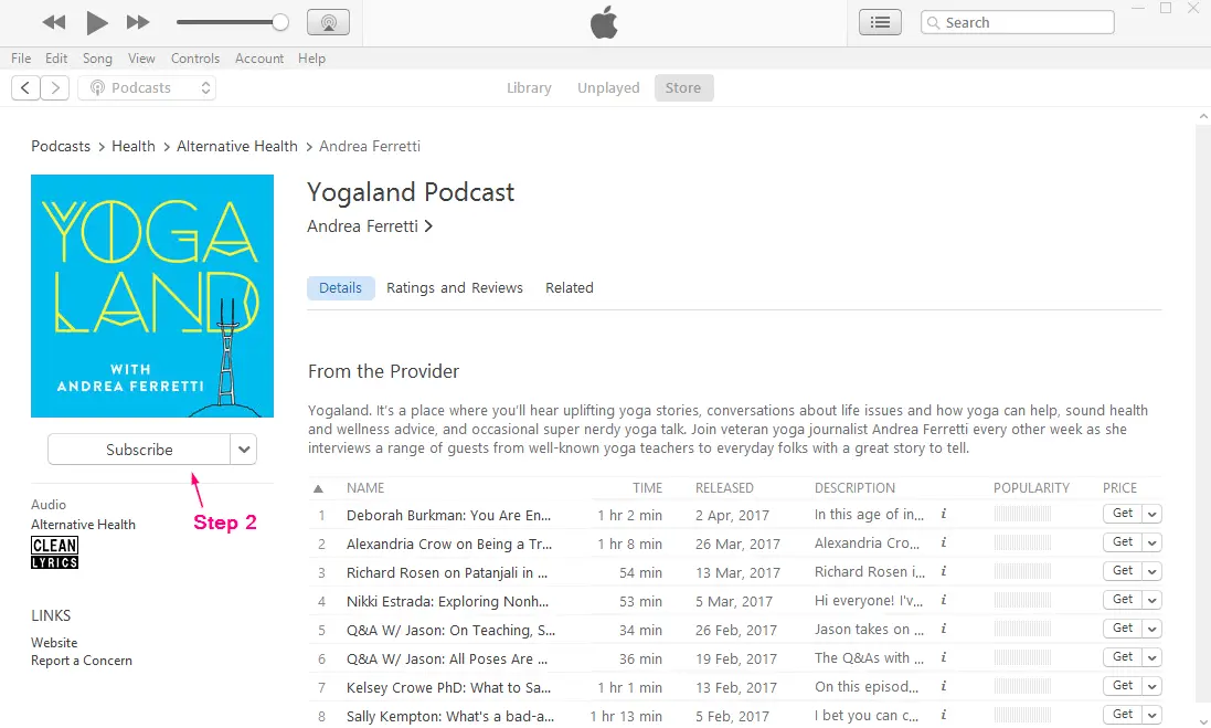 How to subscribe to a podcast - iTunes, step 2 screenshot