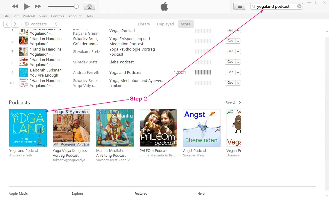 How to Review a Podcast on Apple Podcasts (aka iTunes) - Step 2: Search for “Yogaland Podcast” in the toolbar, and then click on the cover art to open the full podcast page