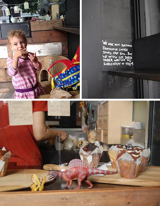 A collage of Sofia-Rose, a writing on a wall and a dinosaur toy on a table